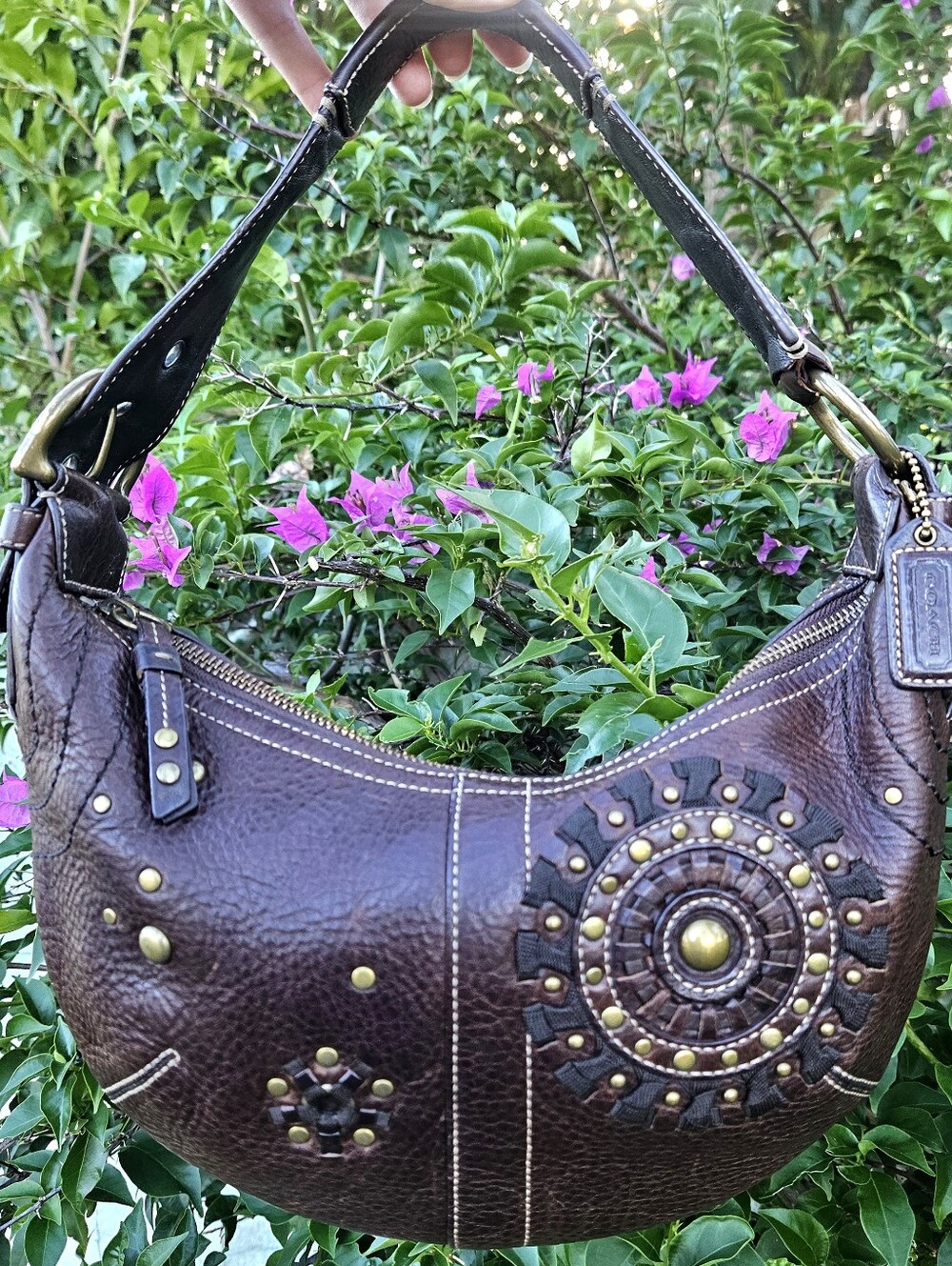 Coach Mia 10062 Brown Leather Studded Whipstitch Hobo Bag Vintage Y2K